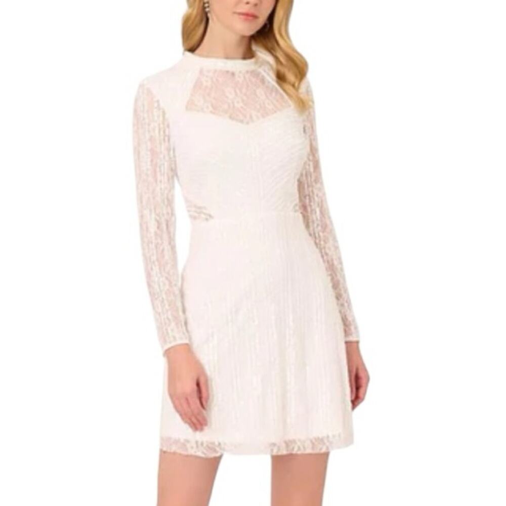 Adrianna Papell White Lace Sequin Dress 14 Bridal Civil Wedding Reception